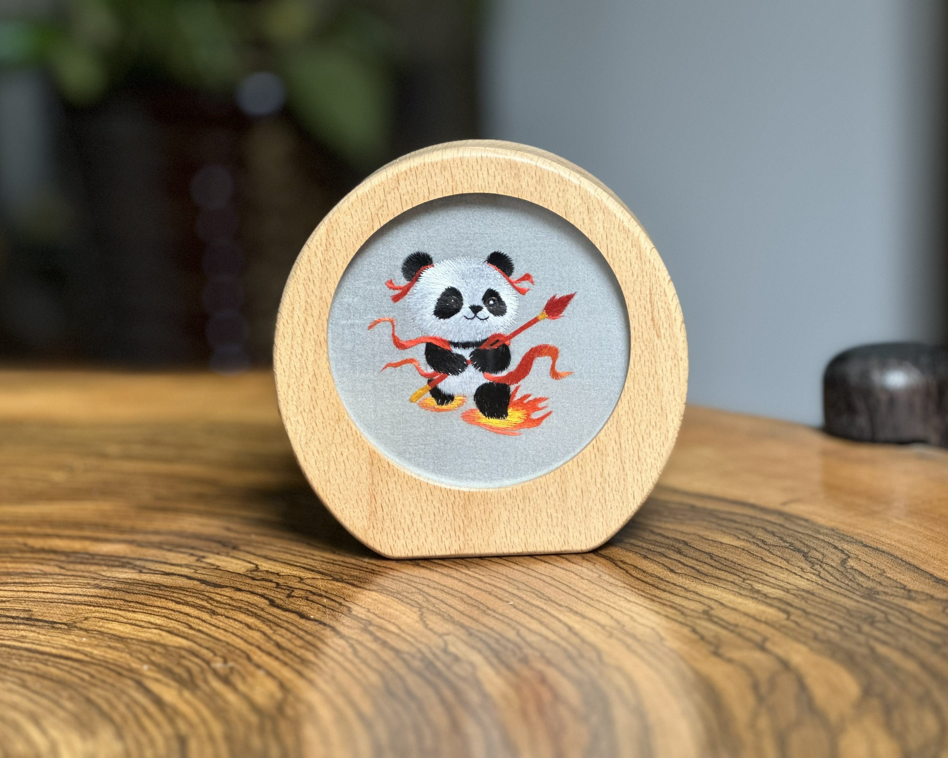 Chinese Hand-Embroidered Panda Wooden Decorative Ornament