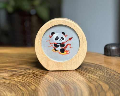 Chinese Hand-Embroidered Panda Wooden Decorative Ornament